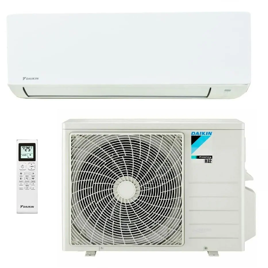 vnútorná jednotka klimatizácie daikin eco sensira 3,5 kw s bielym elegantným dizajnom a diaľkovým ovládačom a vonkajšia jednotka klimatizácie