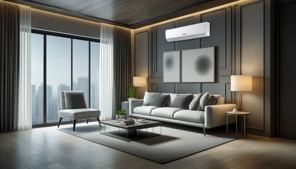 moderná obývačka s klimatizáciou samsung windfree comfort, dokonale integrovaná do štýlového interiéru. najlacnejšia klimatizácia do domu s montážou.
